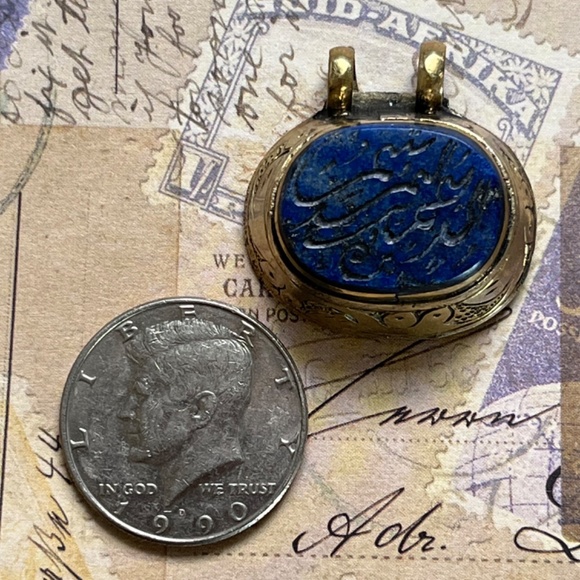 VINTAGE ARTISAN Etched Cobalt & Silver/Gold Pendant - Picture 3 of 6